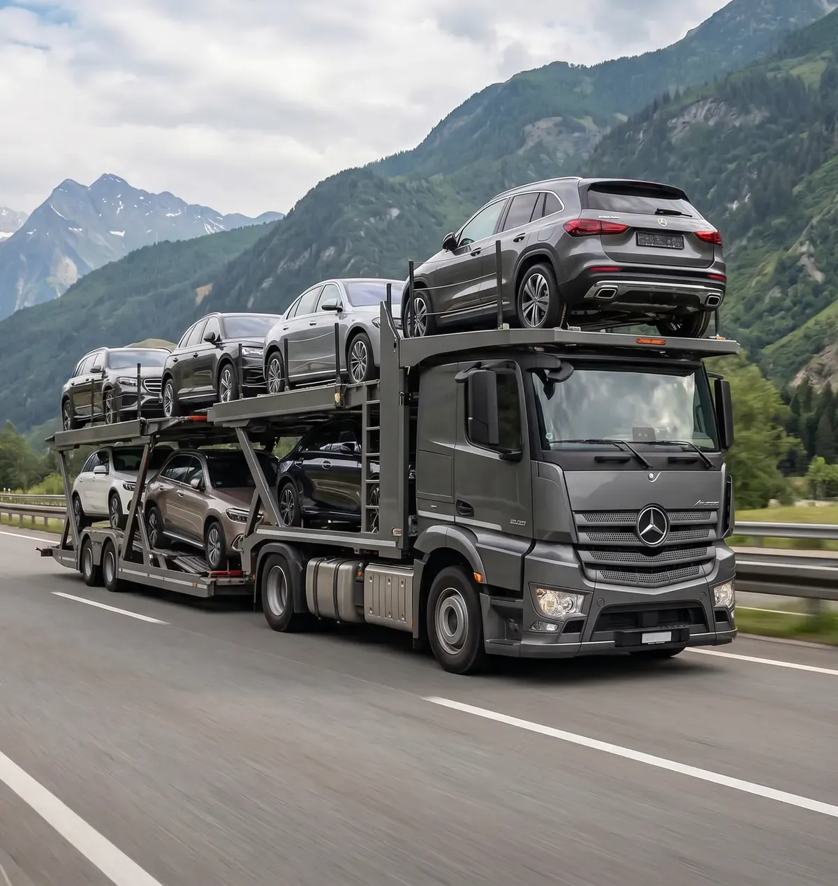 Автовоз Mercedes-Benz Actros с премиальными автомобилями на горном шоссе