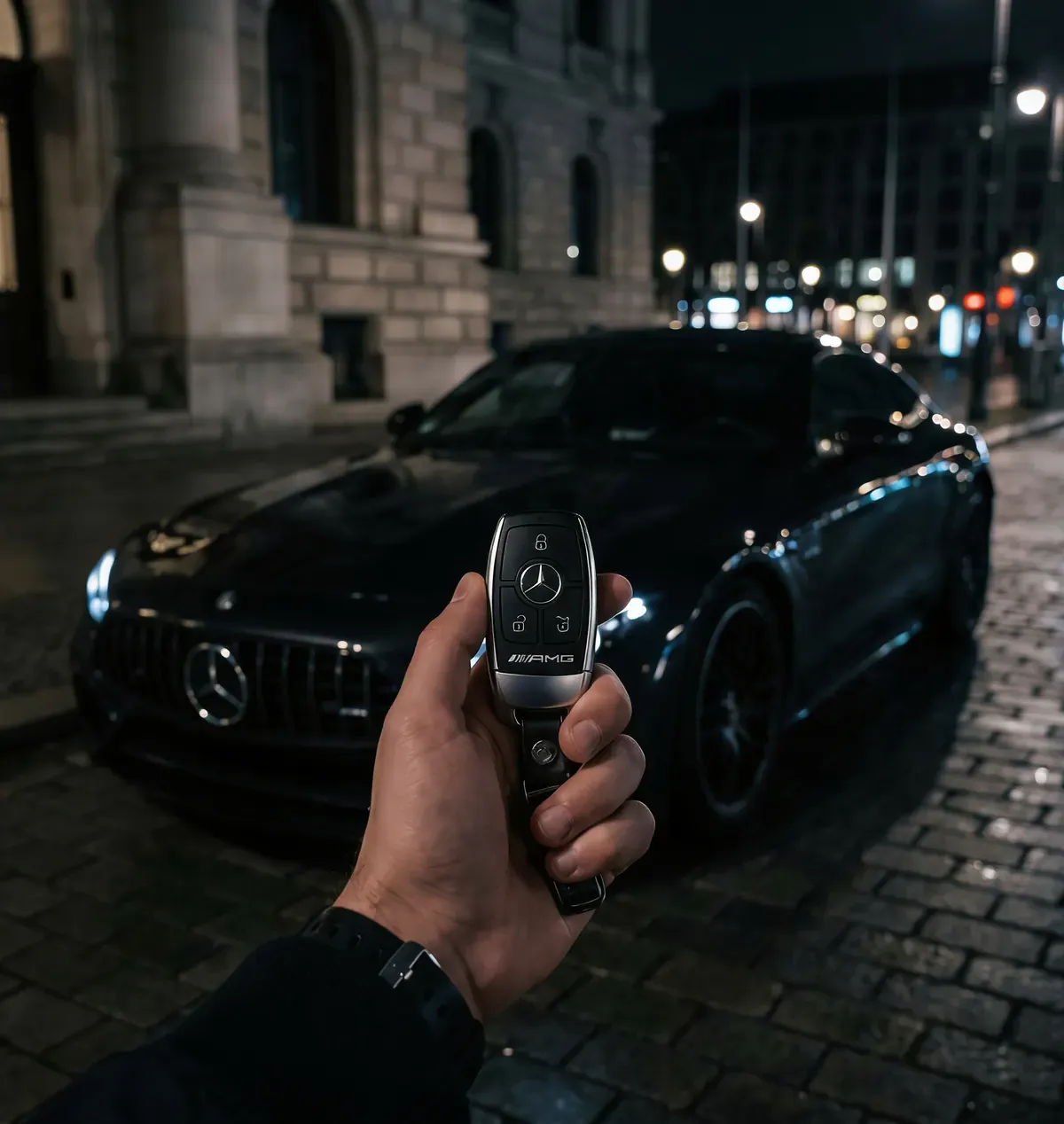 Ключ Mercedes-AMG в руке на фоне чёрного купе Mercedes-AMG на ночной улице