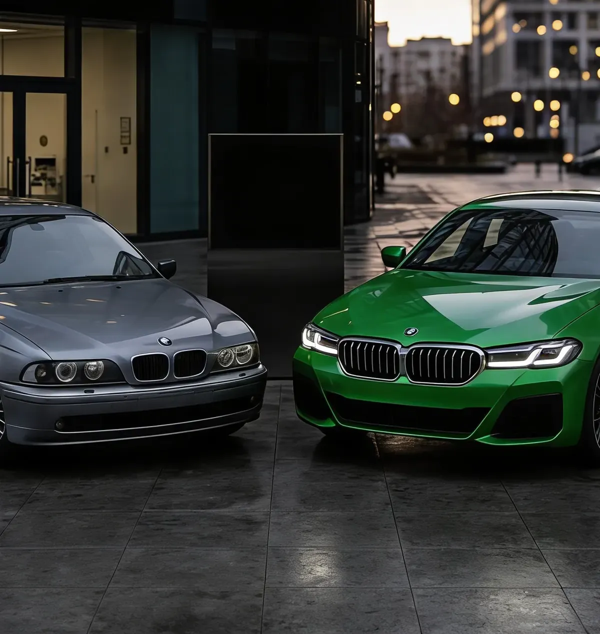 Старый серый BMW 5 серии и новый зелёный BMW 5 серии рядом у автосалона в сумерках